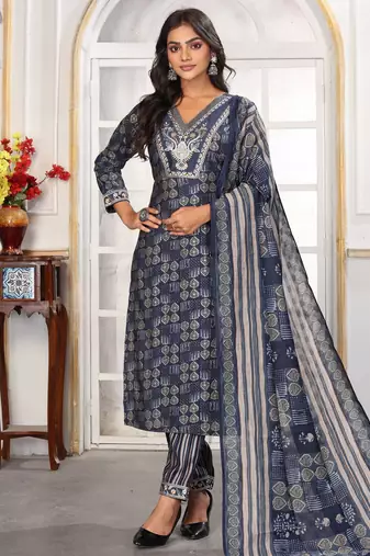 Blue color chanderi fabric designer printed readymade kurta set for trendy girls