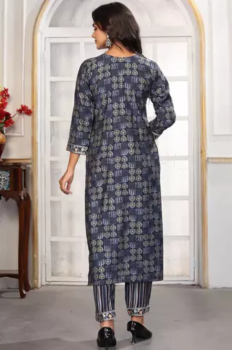 Blue color chanderi printed readymade kurta set for trendy girls