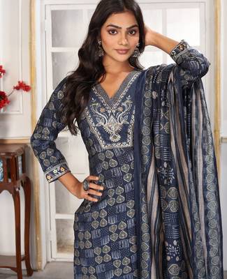 Blue color chanderi printed readymade kurta set for trendy girls 4