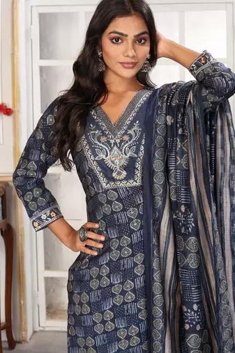 Blue color chanderi printed readymade kurta set for trendy girls