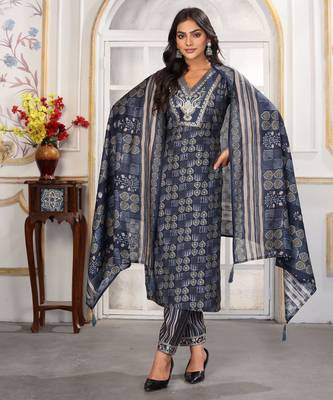 Blue color chanderi printed readymade kurta set for trendy girls 5