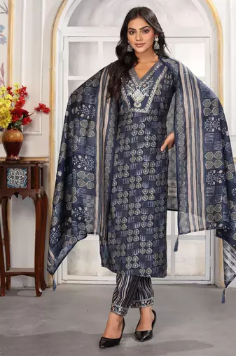 Blue color chanderi printed readymade kurta set for trendy girls