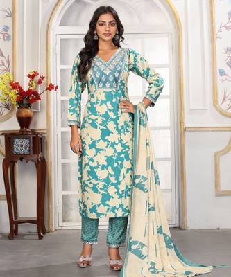 Sea green color rayon printed readymade kurta set for trendy girls 1