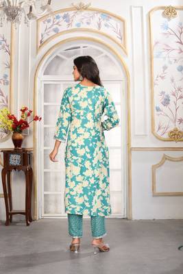Sea green color rayon printed readymade kurta set for trendy girls 3