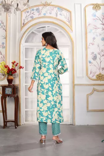 Sea green color rayon printed readymade kurta set for trendy girls