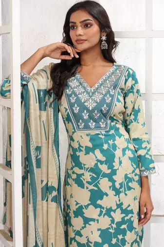 Sea green color rayon printed readymade kurta set for trendy girls
