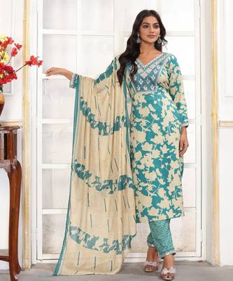 Sea green color rayon printed readymade kurta set for trendy girls 5