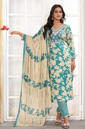 Sea green color rayon printed readymade kurta set for trendy girls