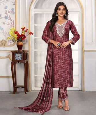Wine color chanderi printed readymade kurta set for trendy girls 1
