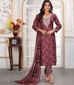 Wine color chanderi fabric printed readymade kurta set for trendy girls