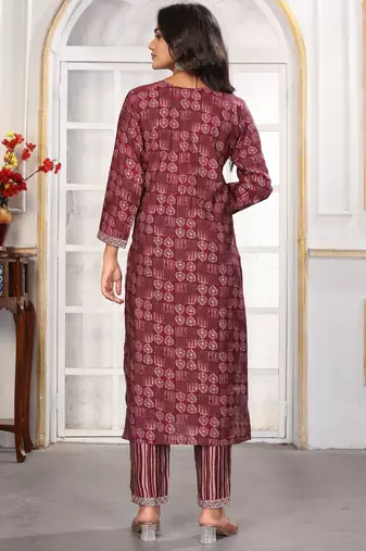 Wine color chanderi printed readymade kurta set for trendy girls