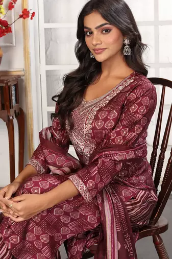 Wine color chanderi printed readymade kurta set for trendy girls