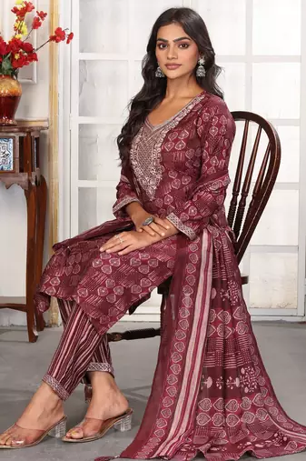 Wine color chanderi printed readymade kurta set for trendy girls