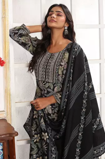 Black color chanderi printed readymade kurta set for trendy girls