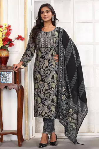 Black color chanderi printed readymade kurta set for trendy girls