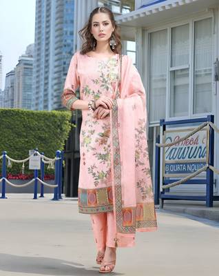 Pink color linen digital printed readymade suit for trendy looks 1