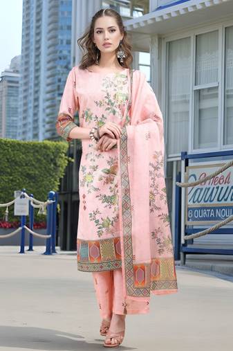 Pink color linen fabric digital printed ethnic readymade suit for trendy looks