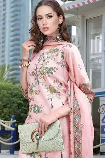 Pink color linen digital printed readymade suit for trendy looks