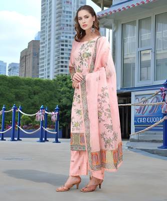 Pink color linen digital printed readymade suit for trendy looks 4