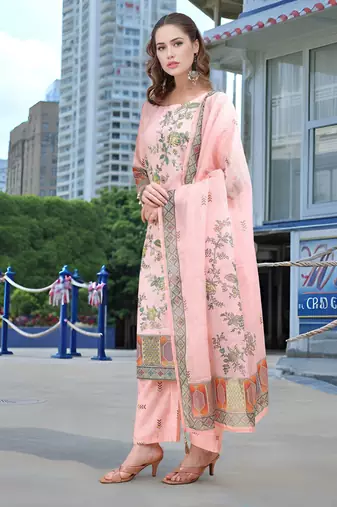 Pink color linen digital printed readymade suit for trendy looks