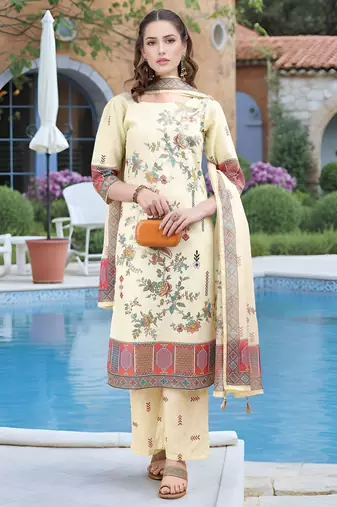 Pista color linen digital printed readymade suit for trendy looks