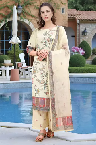 Pista color linen digital printed readymade suit for trendy looks