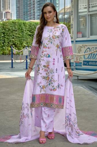 Purple color linen fabric digital printed ethnic readymade suit for trendy looks
