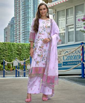 Purple color linen digital printed readymade suit for trendy looks 4