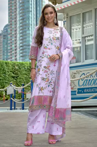 Purple color linen digital printed readymade suit for trendy looks