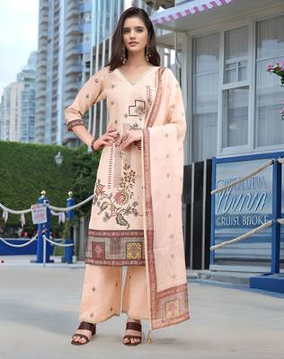 Peach color linen digital printed readymade suit for trendy looks 1