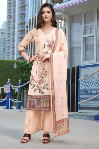 Peach color linen fabric digital printed ethnic readymade suit for trendy looks