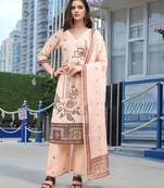 Peach color linen fabric digital printed ethnic readymade suit for trendy looks