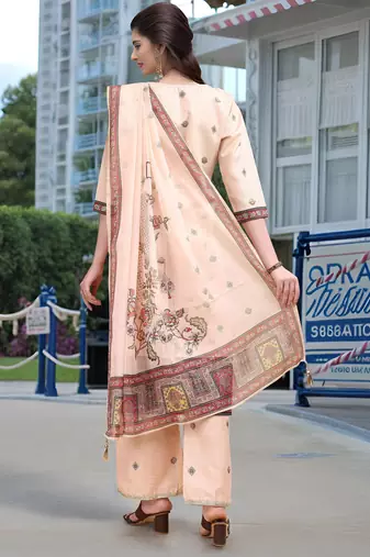 Peach color linen digital printed readymade suit for trendy looks