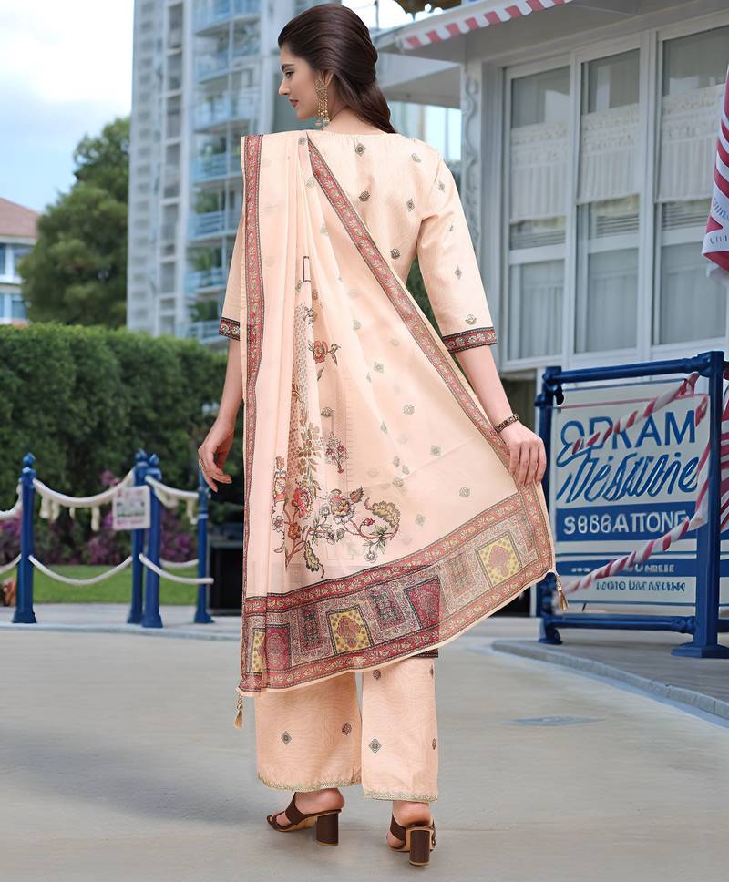 Peach color linen fabric digital printed ethnic readymade suit for trendy looks