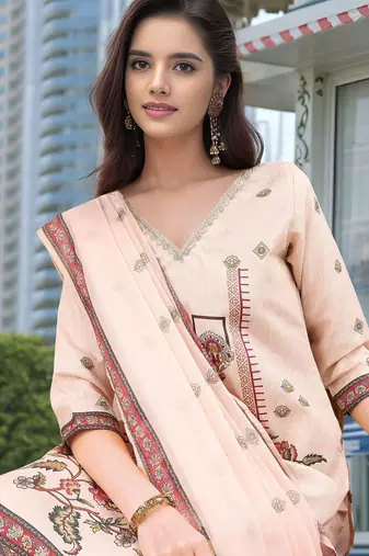 Peach color linen digital printed readymade suit for trendy looks