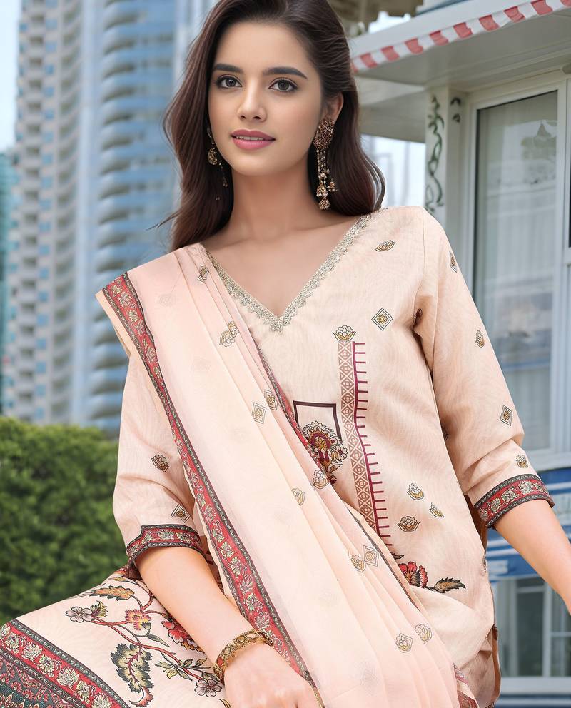 Peach color linen fabric digital printed ethnic readymade suit for trendy looks
