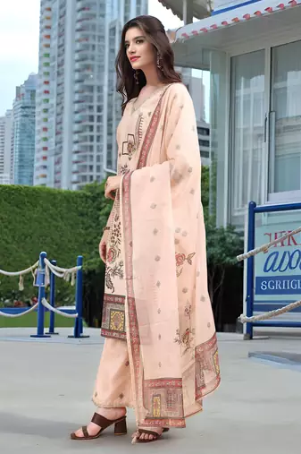 Peach color linen digital printed readymade suit for trendy looks