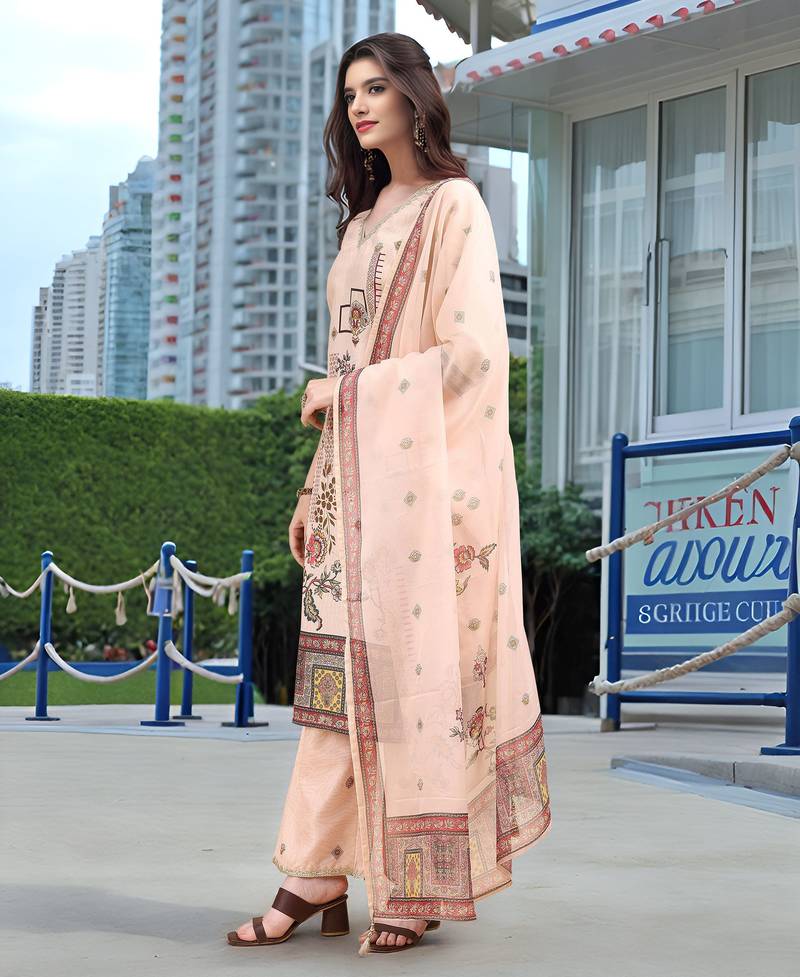Peach color linen fabric digital printed ethnic readymade suit for trendy looks