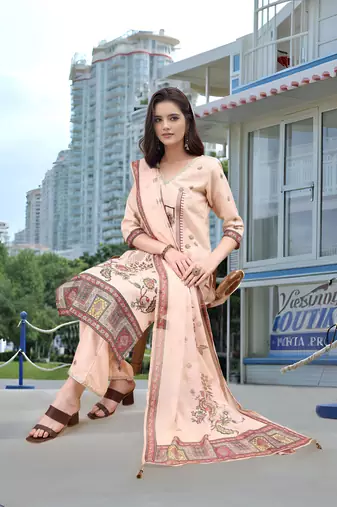 Peach color linen digital printed readymade suit for trendy looks