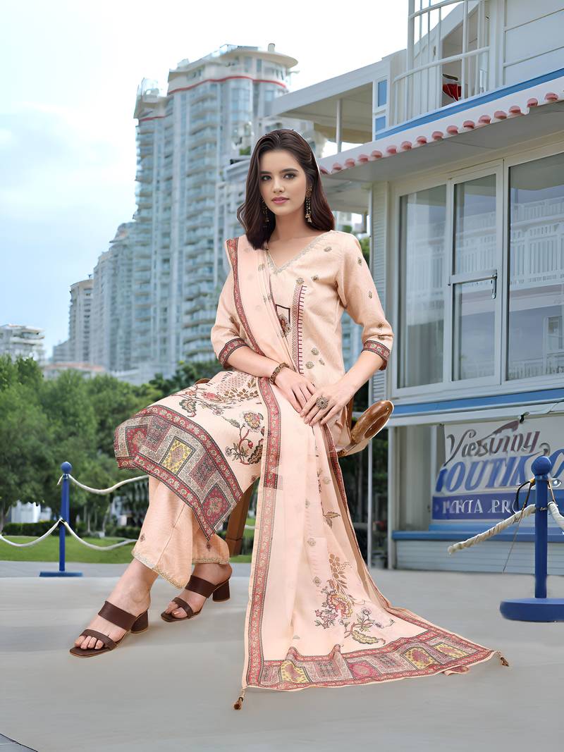 Peach color linen fabric digital printed ethnic readymade suit for trendy looks