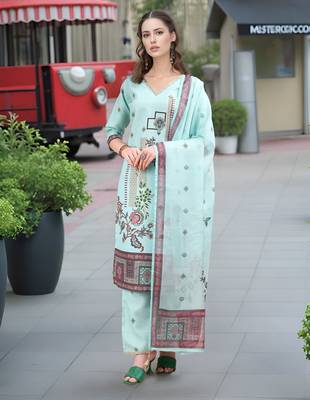 Sea green color linen digital printed readymade suit for trendy looks 1