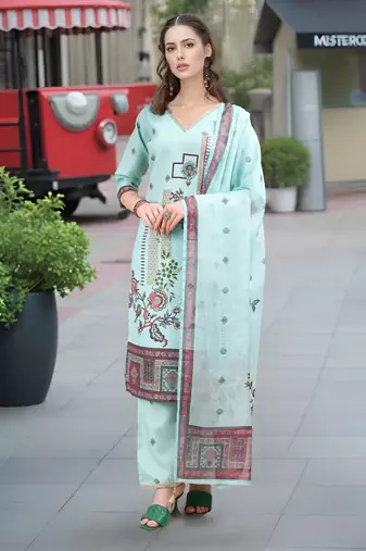 Sea green color linen fabric digital printed ethnic readymade suit for trendy looks