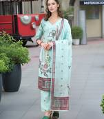 Sea green color linen fabric digital printed ethnic readymade suit for trendy looks