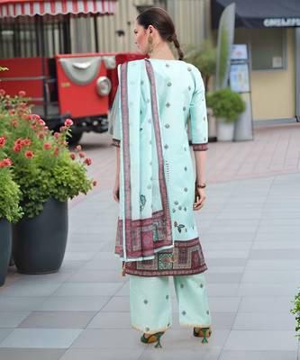Sea green color linen digital printed readymade suit for trendy looks 2