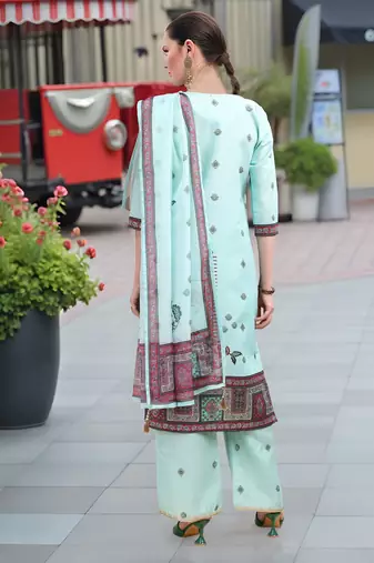 Sea green color linen digital printed readymade suit for trendy looks
