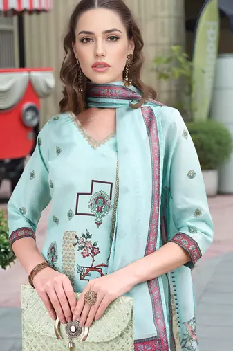 Sea green color linen digital printed readymade suit for trendy looks
