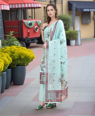 Sea green color linen digital printed readymade suit for trendy looks 4