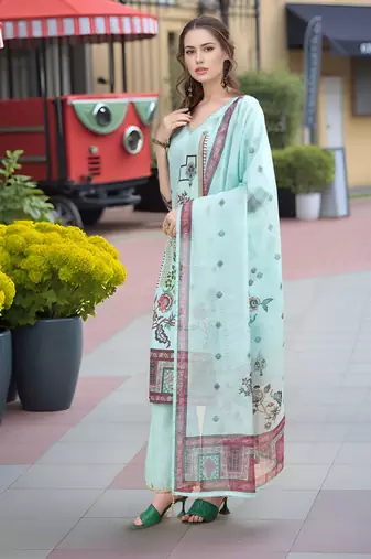 Sea green color linen digital printed readymade suit for trendy looks