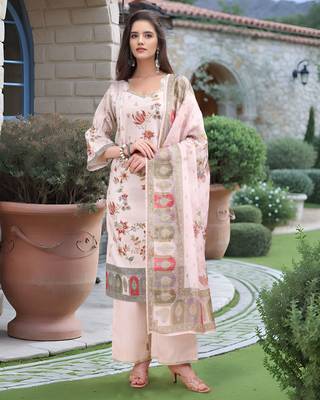 Off white color linen digital printed readymade suit for trendy looks 1