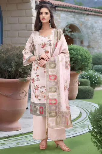 Off white color linen fabric digital printed ethnic readymade suit for trendy looks